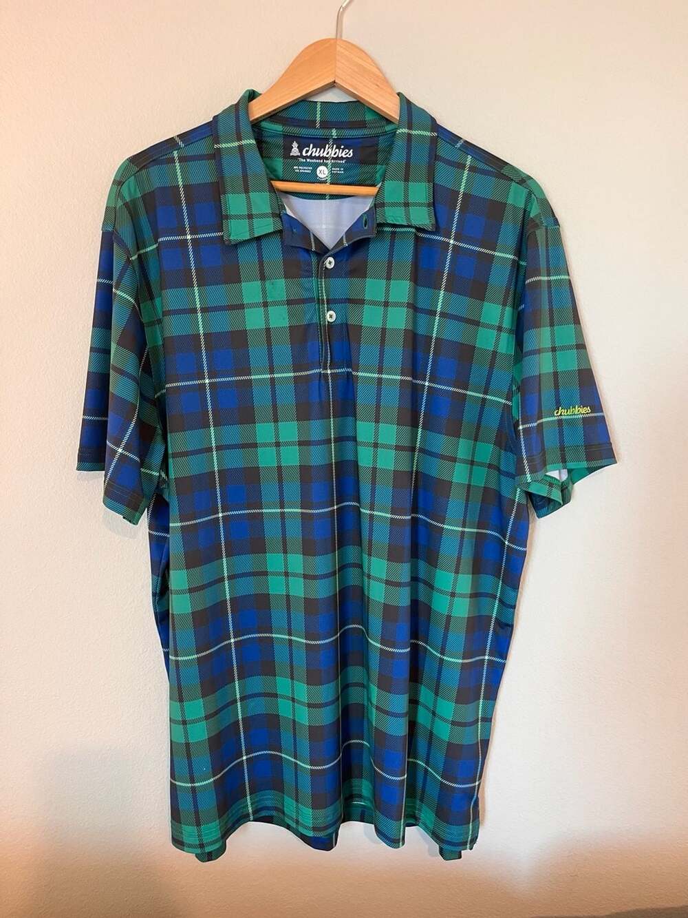 Chubbies,Performance Golf Polo, Plaid Tartan Green, Moisture Wicking, Preppy, XL